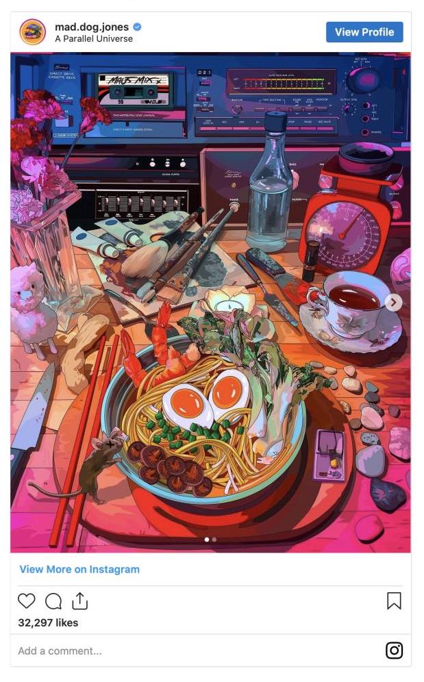 A digital art by artist Mad Dog Jones depicting a disarrayed table with a bowl of ramen as focal point