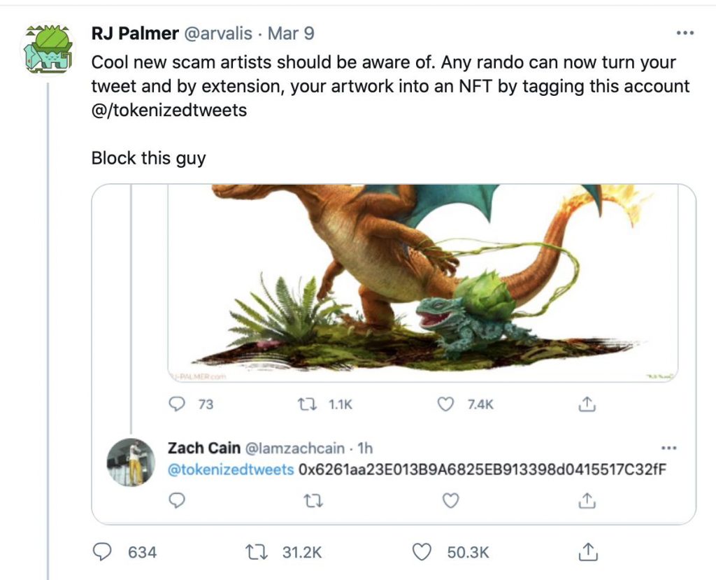 Tweet by Concept Artist RJ Palmer warning followers about a Twitter scam to tokenise art into NFTs without the artist's consent